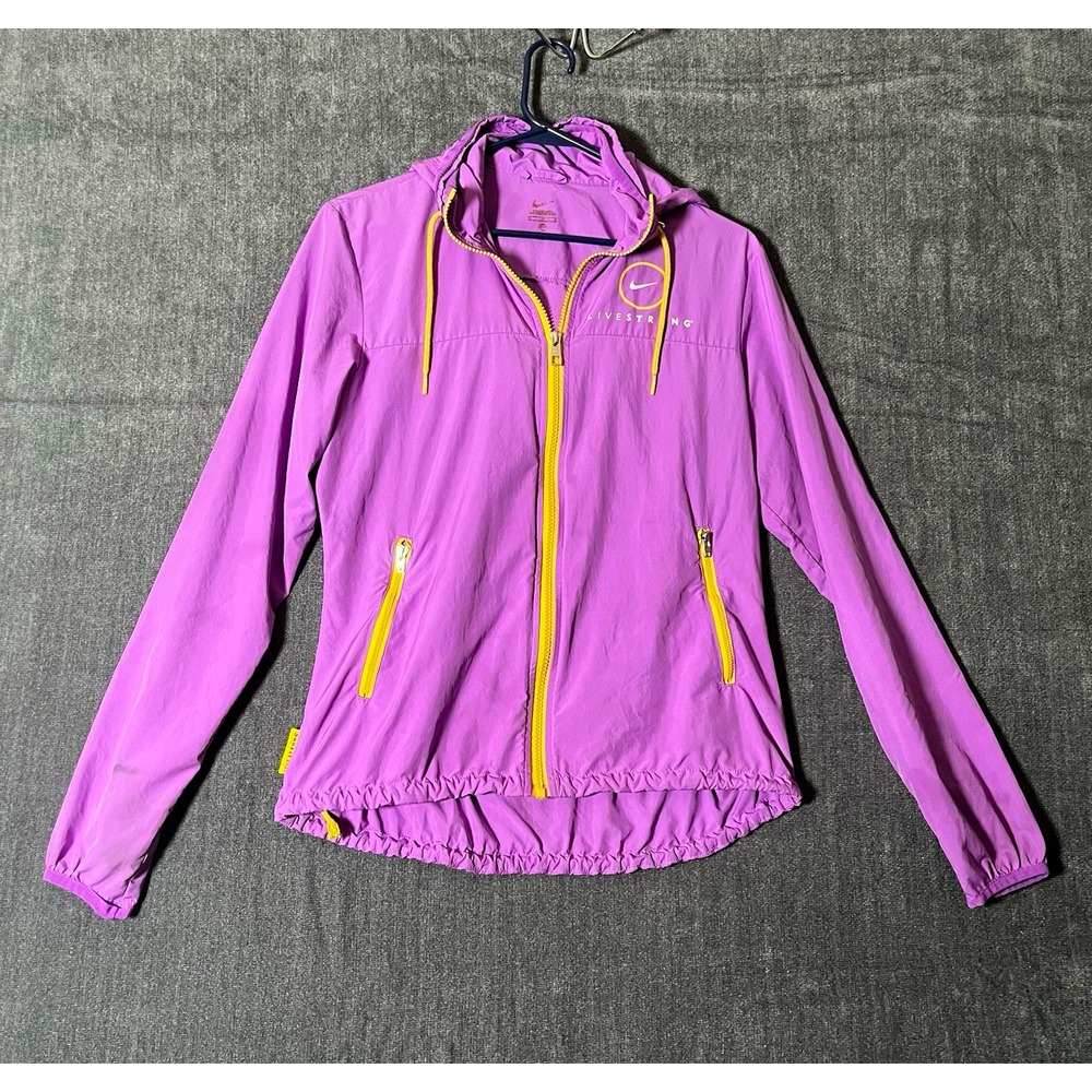 Nike LIVESTRONG Women's M Purple Yellow Windbreaker Jacket Full Zip Hood Pockets